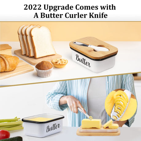 LANDNEOO Butter Dish with Lid and Butter Curler Knife - Unbreakable Stainless Steel Keeper Container with Double Silicone Sealing, for Kitchen Farmhouse Decor LANDNEOO