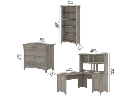 Bush Business Furniture Salinas 60W L-Shaped Desk Set with Hutch, File Cabinet & Bookcase in Driftwood Gray - WoodArtSupply