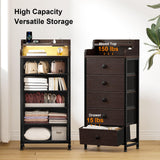 REAHOME 5 Drawer Dresser for Bedroom with Charging Station and LED Lights, Brown Chest of Drawers with Shelves, Tall Night Stand with Sturdy Steel Frame & Wood Top for Bedroom - Brown REAHOME