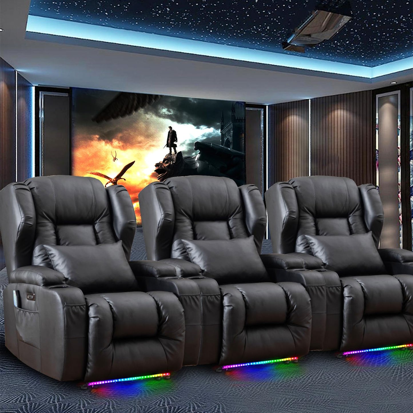 3PC Power Recliner Chair Set of 3 with Massage and Heat - Home Theater Seating Seats with LED Lights, Game Movie Theater Recliner Sofa Chairs for Living Room Reclining Chair with Cup Holder/USB