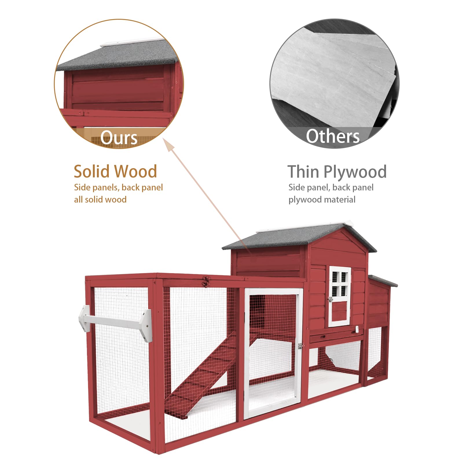 Gowoodhut Chicken Coop Solid Wood with Large Run Cage 2 Stories - Asphalt Roof, Nest Box, Pu Wheels, Expandable Solid Wood Cage - WoodArtSupply