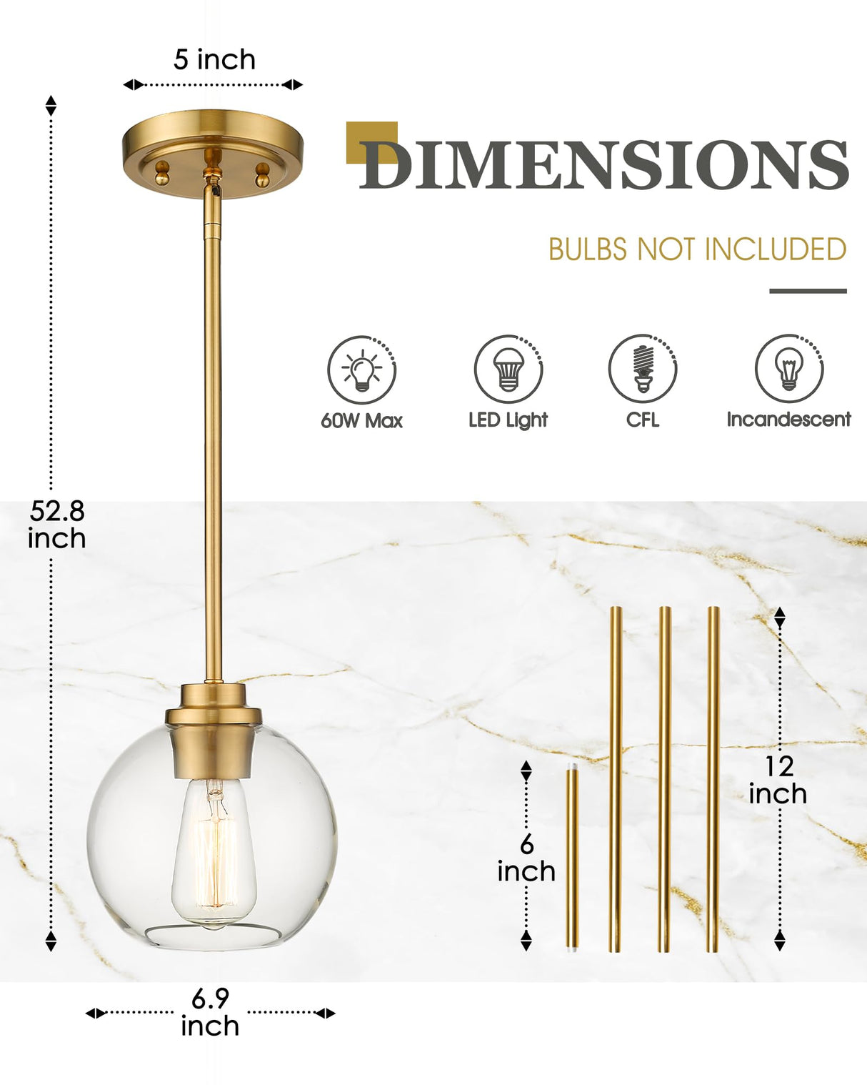 Audickic Brass Pendant Lights Kitchen Island 2 Pack, Farmhouse Gold Pendant Light with Clear Glass Globe Shade, Kitchen Island Lighting for Dining Room Entryway, AD-22280-1P2-GD-C Audickic