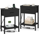 Vagusicc Nightstand Set of 2 with Charging Station, Bed Side Table with Fabric Drawer, Small End Table with 2-Tier Storage Shelves, 25.4" Tall Bedside Table, Black Night Stand for Bedroom, Living Room Vagusicc