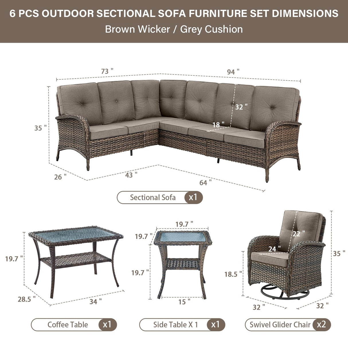 Belord Outdoor Furniture Set - 6 Pieces Patio Conversation Sectional Sofa Set with Swivel Rocker Outdoor Chairs Set of 2 and Wicker Coffee Table for Deck Backyard Sunroom Brown Belord