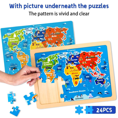 EggSun Wooden Puzzles for Kids Ages 4-6, 6 Packs 24Pcs Solar System States World Map Wooden Puzzles for Kids 3 4 5 6 Year Old, Preschool Educational Brain Toys Gifts for Boys and Girls EggSun