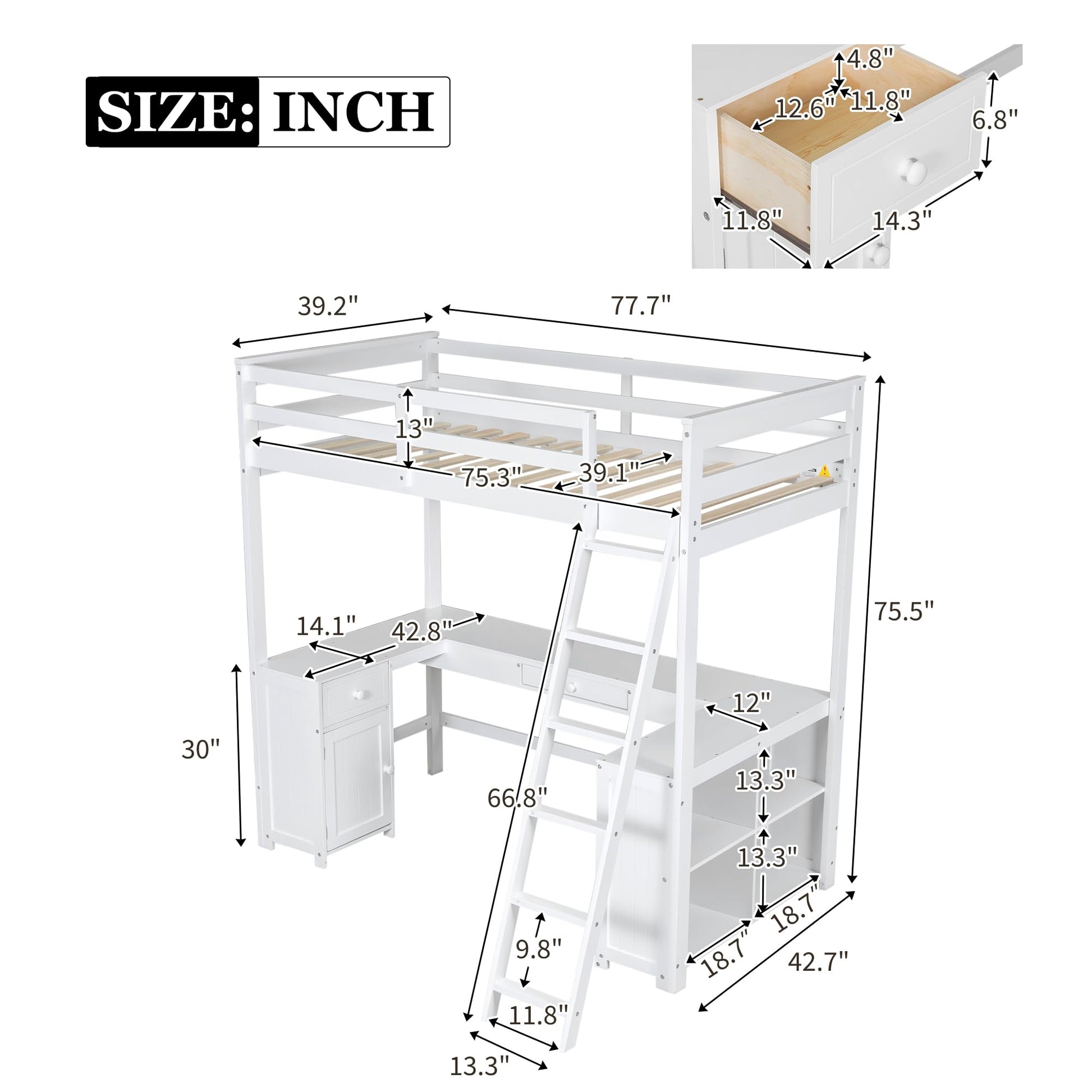 Harper & Bright Designs White Twin Size Loft Bed with U-Shaped Desk, Drawers, and Storage Shelves - WoodArtSupply