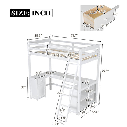 Harper & Bright Designs White Twin Size Loft Bed with U-Shaped Desk, Drawers, and Storage Shelves - WoodArtSupply