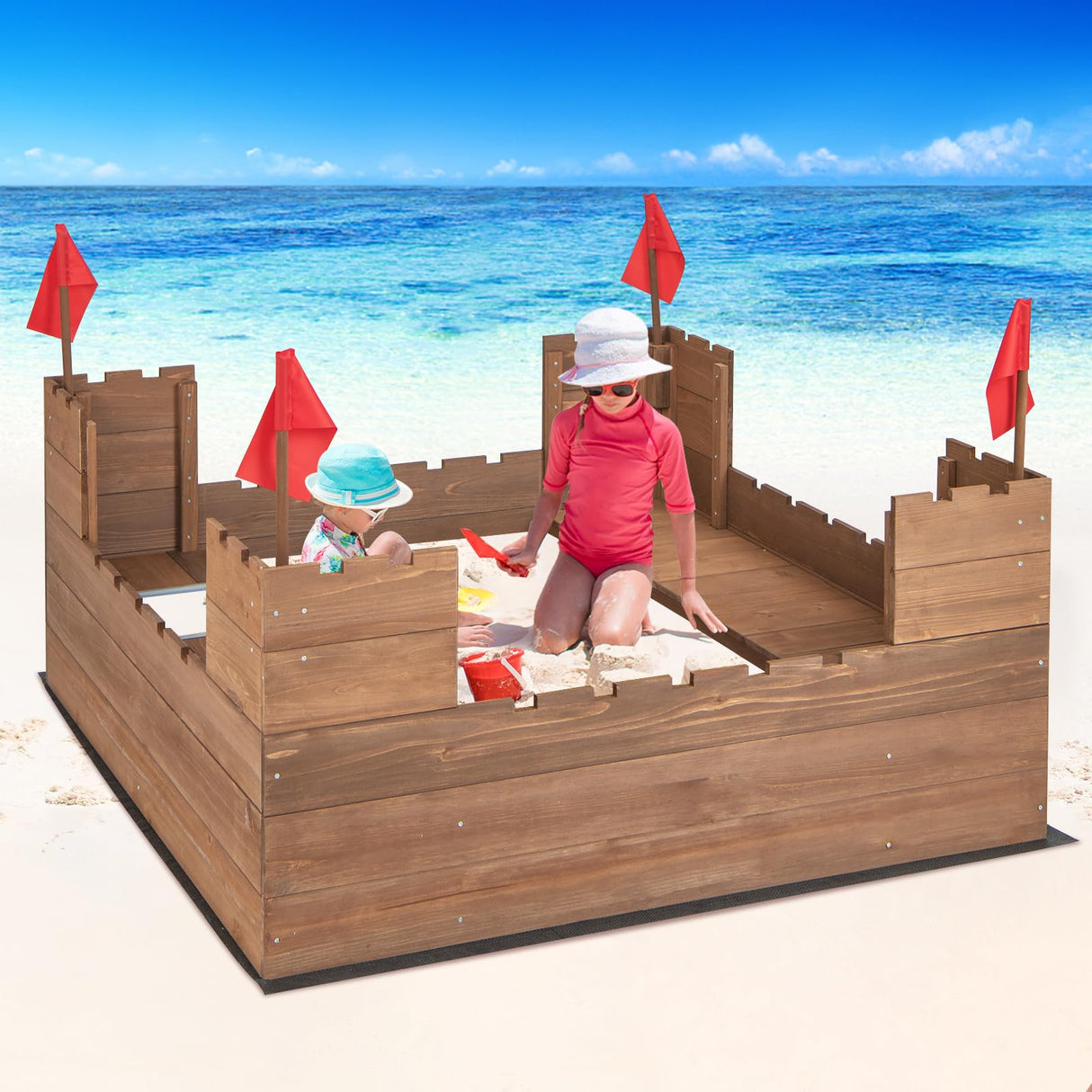 HONEY JOY Sandbox with Sand Wall, Cedar Bottomless Sand Pit for Backyard, 4 Red Flags & Bottom Liner, Side Bench & 2 Boxes, Wooden Sand Boxes for Kids Outdoor, Gift for Boys Girls HONEY JOY