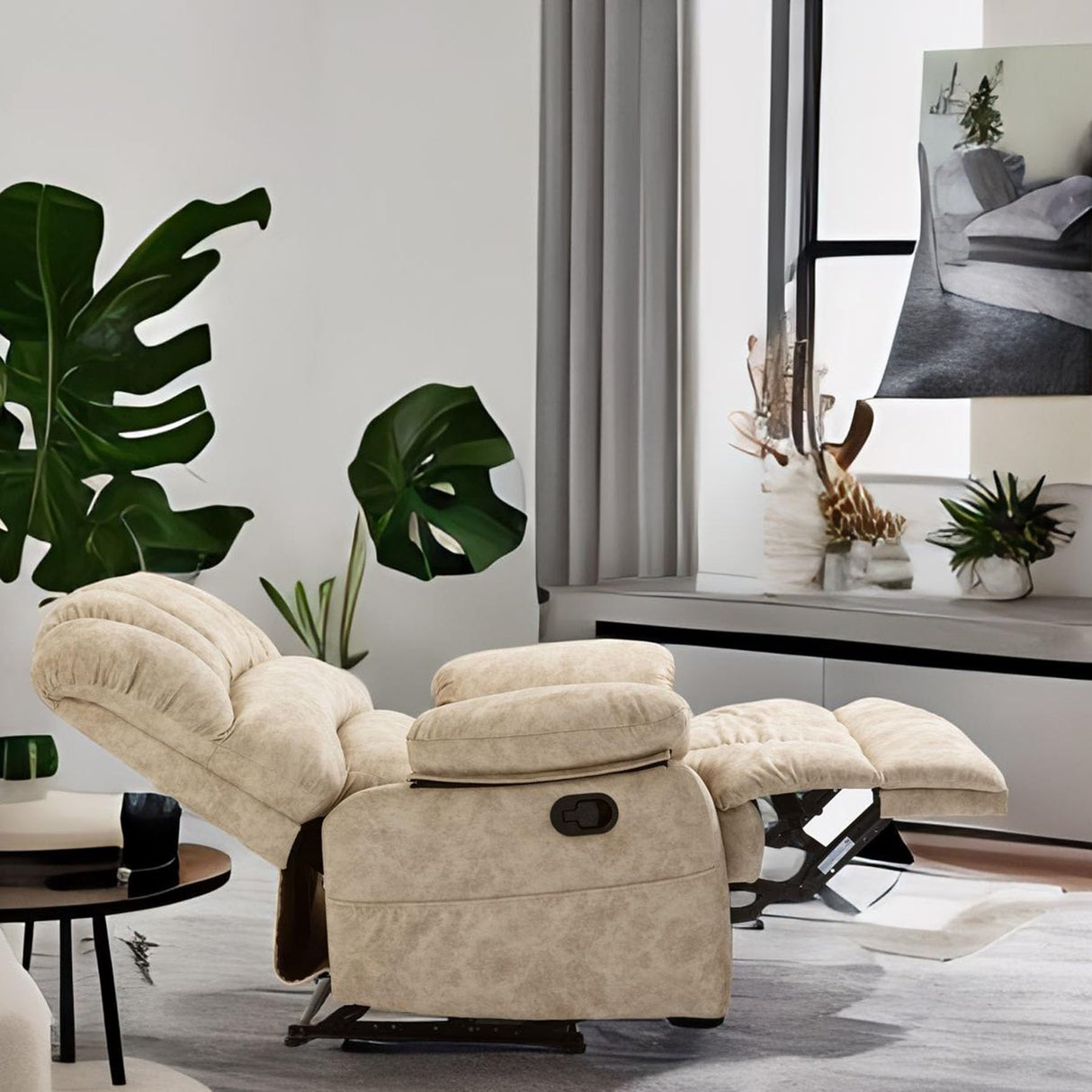 Modern Manual Recliner Chair for Adults,Lazy Boy Recliner Chair, Oversized Single Sofa with Footrest&Adjustable Backrest,Pockets,Fabric (Beige) HRVEOCEI