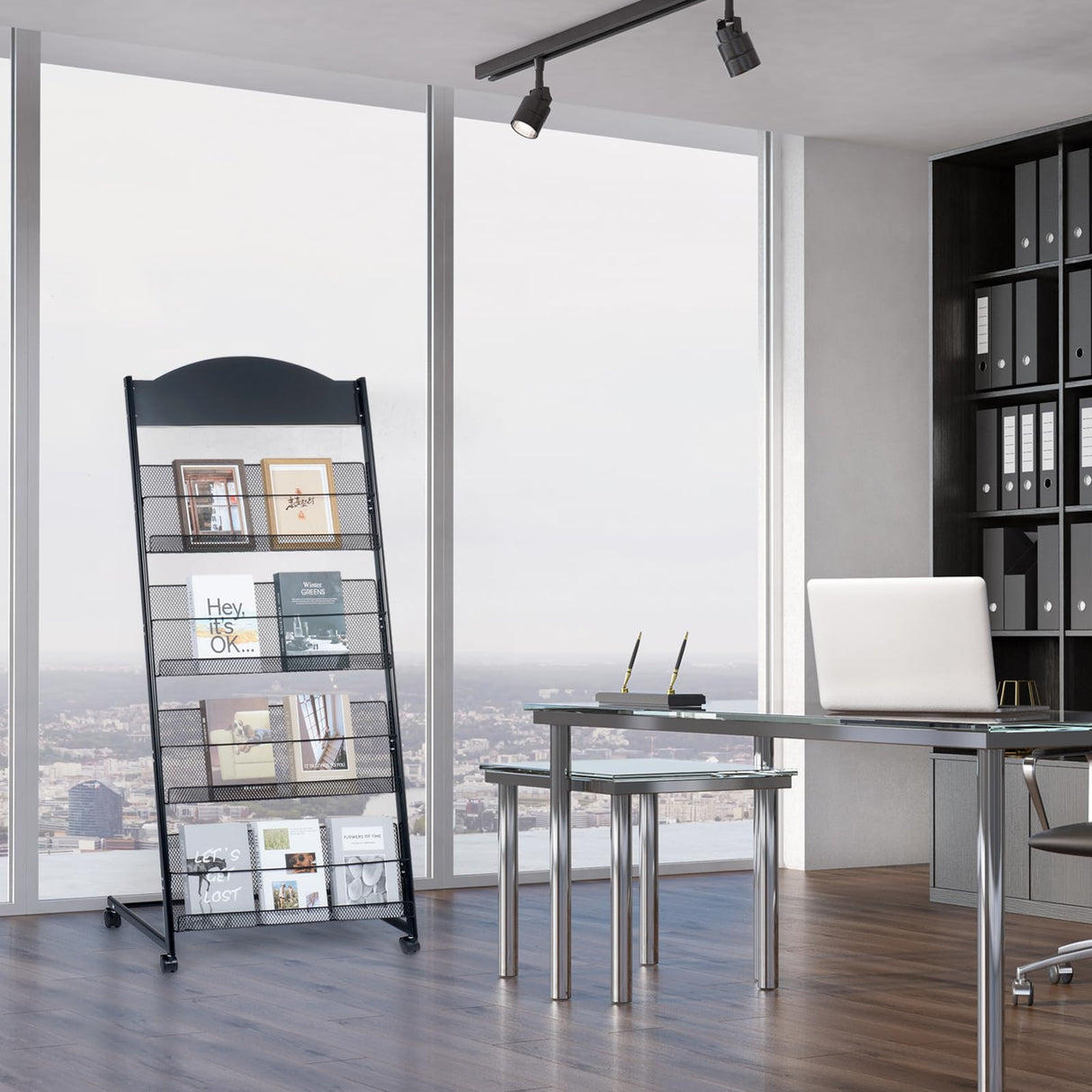 lesolar Floor-Standing Magazine Rack 4-tier Newspaper Holder Book Display Shelf Brochure Display Stand Floor Suitable for Exhibitions Shopping Malls Hospitals Offices School (Black) lesolar