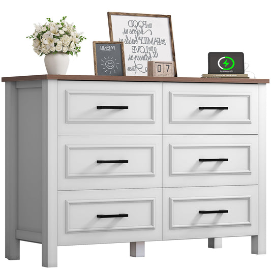 YITAHOME 6-Drawer Dresser with Built-in Power Outlet, Wood Dresser TV Stand with 6 Large Drawers & Bar Handles, Dresser Chest of Drawers for Entryway Living Room Hallway, White & Walnut