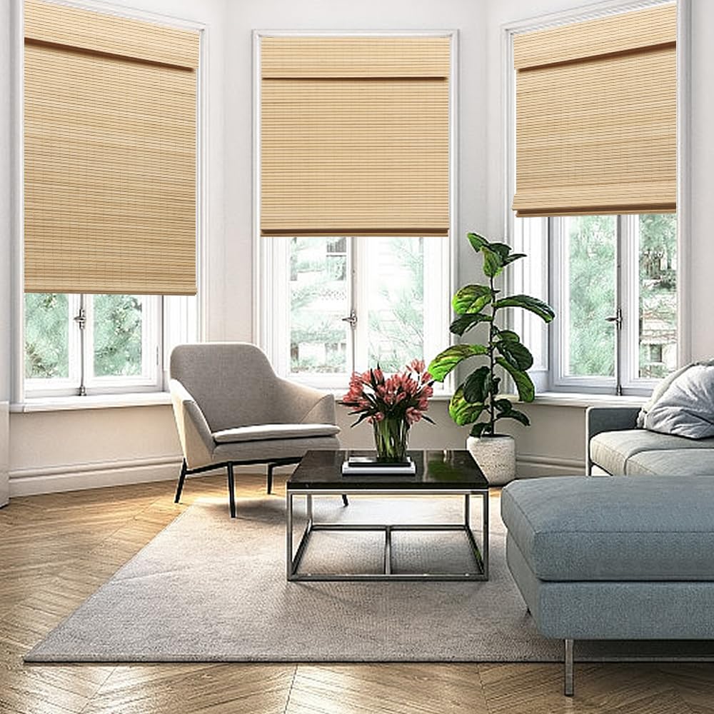 SEEYE Natural Cordless Bamboo Roman Shades - 95% Blackout Window Blinds for Home & Office, Easy Installation, 34" W x 64" H SEEYE