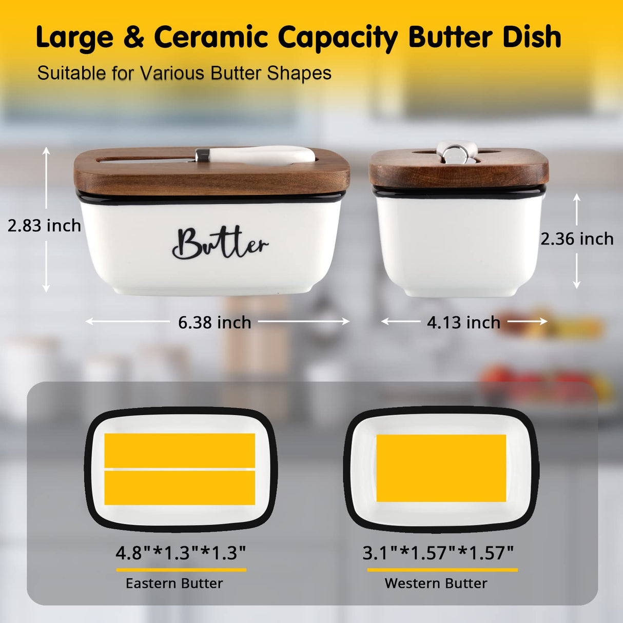 Butter Dish with Lid and Knife for Countertop, Airtight Butter Keeper for Counter or Fridge, Ceramic Butter Container with Thick Acacia Wood Lid, for Farmhouse Kitchen Decor and Accessories, White ALELION