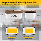 Butter Dish with Lid and Knife for Countertop, Airtight Butter Keeper for Counter or Fridge, Ceramic Butter Container with Thick Acacia Wood Lid, for Farmhouse Kitchen Decor and Accessories, White ALELION