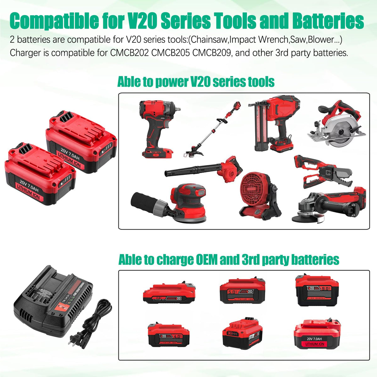 Upgraded 7000mAh V20 Battery and Charger Set Compatible for Craftsman 20V Battery Replacement CMCB204 CMCB205 CMCB202 CMCB202-2 CMCB201 CMCB206 CMCB209 CMCD700C with CMCB104 Charger Batryuic