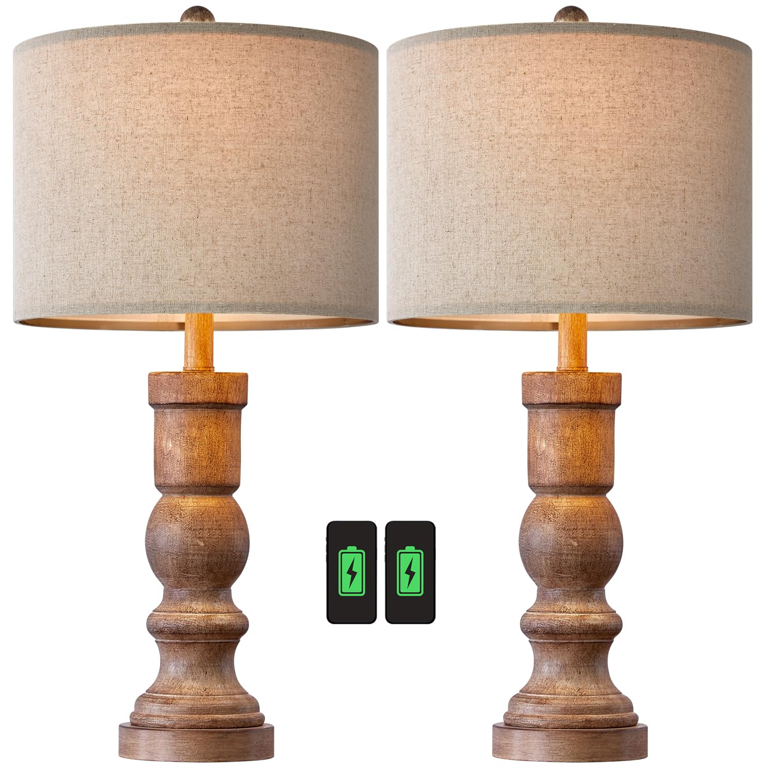 OYEARS 24.75" Table Lamps for Living Room Bedroom Set of 2 Farmhouse USB A+C Bedside Lamp Vintage Retro Resin Lamps Linen Shade Nightstand Home Office(Grainy) - WoodArtSupply