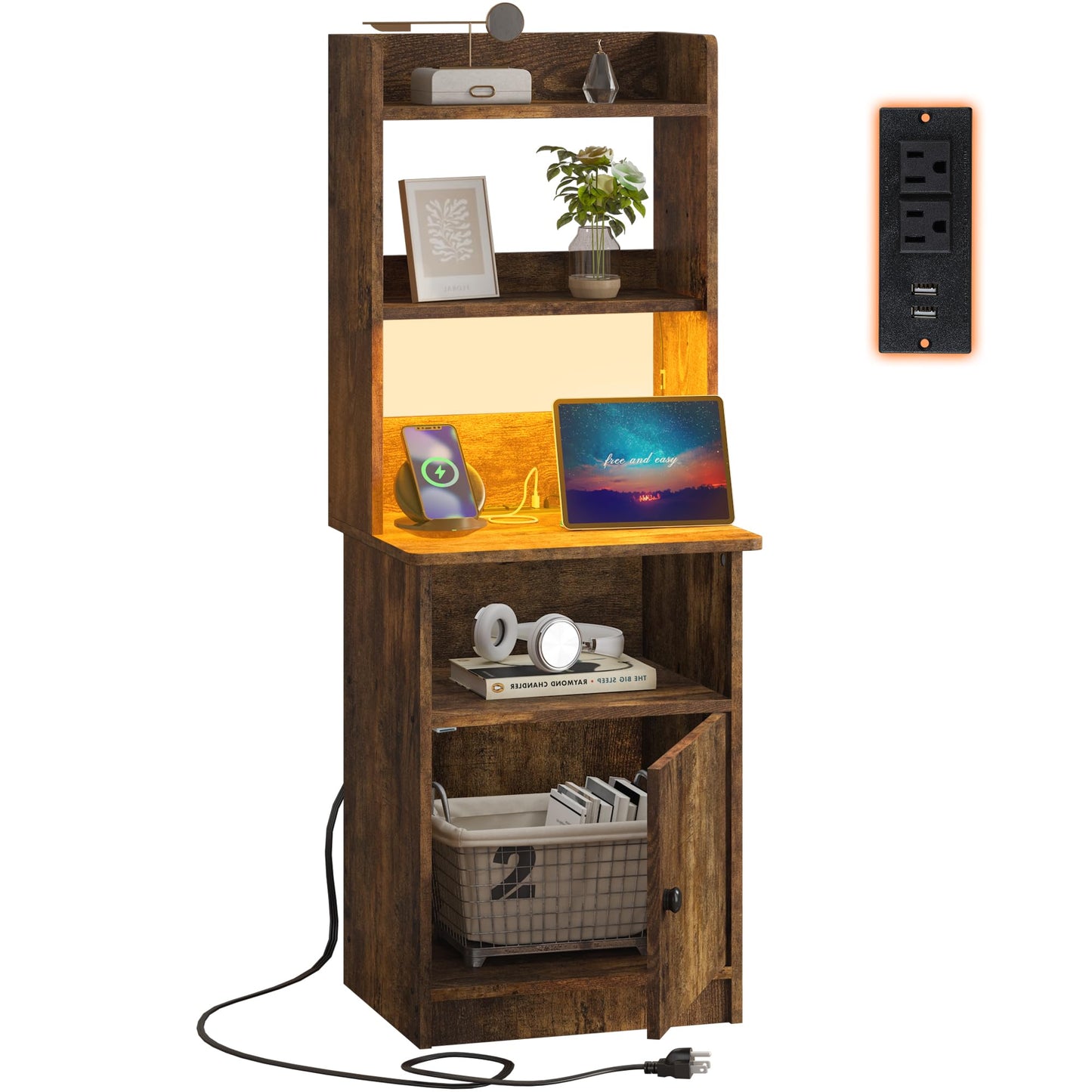 Clikuutory 47" Tall Rustic Nightstand with Charging Station, LED Lights, and Adjustable Shelves - WoodArtSupply