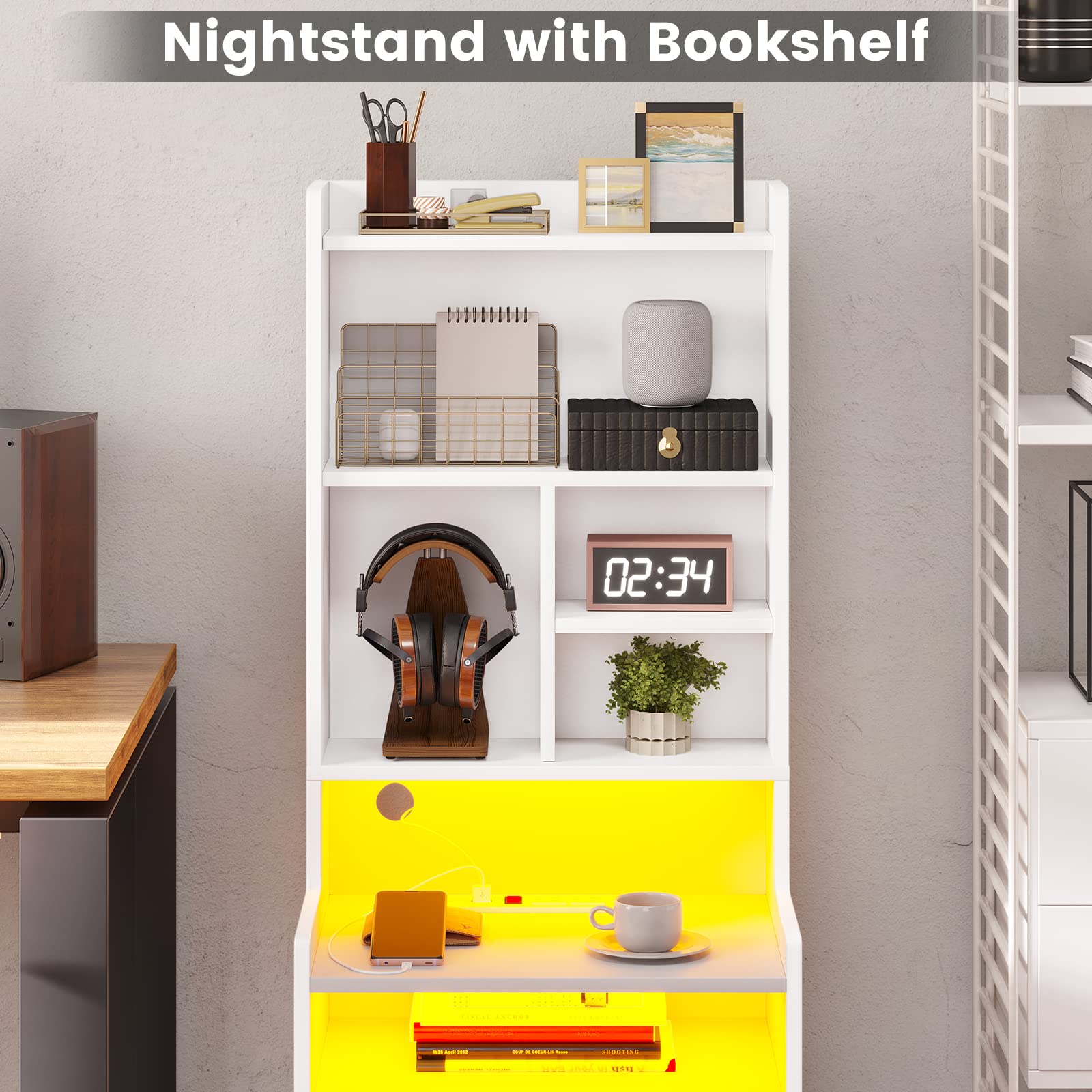 BTHFST Modern LED Tall Nightstand with Charging Station and Bookshelf in White - WoodArtSupply