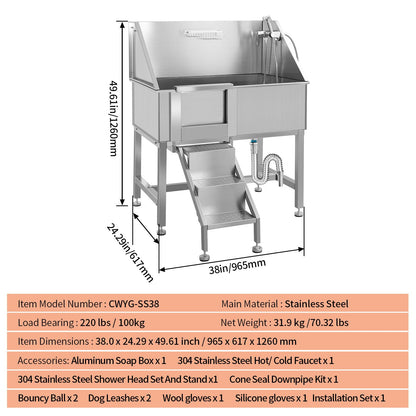 38" Stainless Steel Dog Washing Station for Large Dogs, Dog Grooming Tub for Home, Professional Dog Bathtub Bathing Station, Pet Wash Station, Dog Shower Tub with Stairs, Drain & Door,L-Door