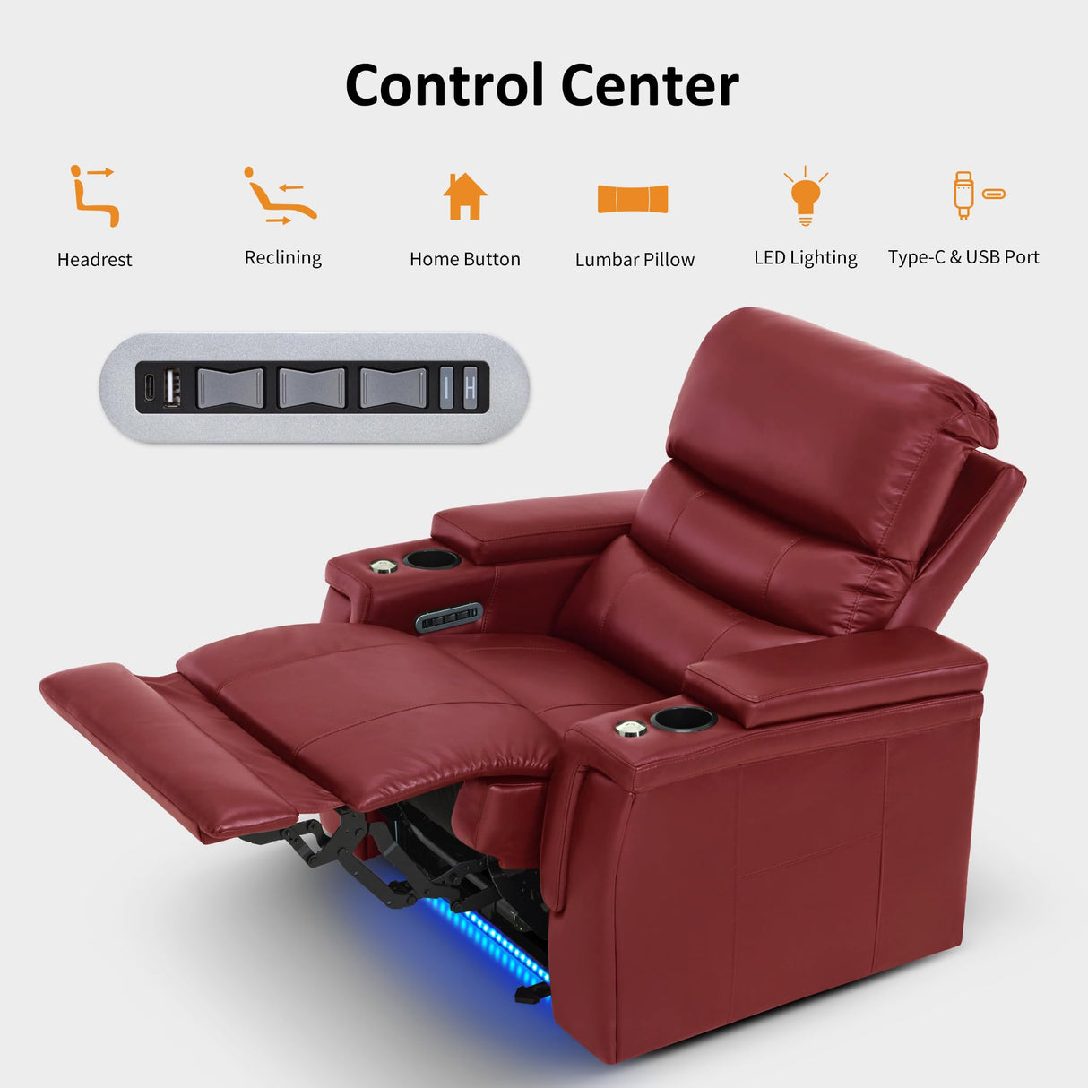 MCombo Triple Motors Power Recliner Chair with Power Headrest & Lumbar Support for Living Room, Home Theater Seating with Armrest Storage, Tray Table and Dual Charging Ports HTS708 (Red) MCombo