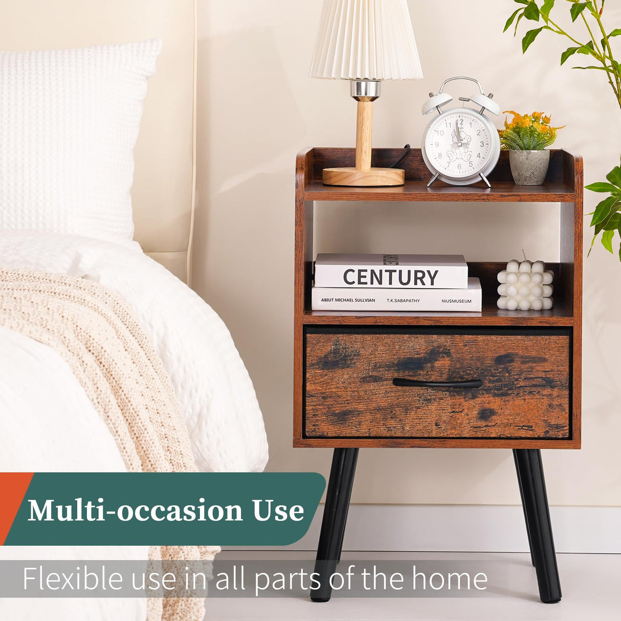 Yoobure Night Stand with Fabric Drawer, Modern Nightstand, Bedside Tables, Mid Century Nightstands with Open Storage Shelf, Wood Bedside Table, Small Night Stands for Bedrooms, 2-Tier Night Table Yoobure