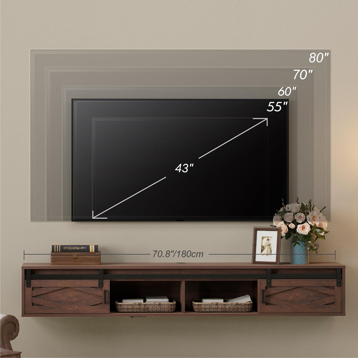 FITUEYES Floating TV Stand Shelf for TVs up to 85 Inch, Wood Floating Entertainment Center with Sliding Barn Door, Floating TV Shelf Media Console Table for Living Room, Bedroom, Rustic Brown FITUEYES