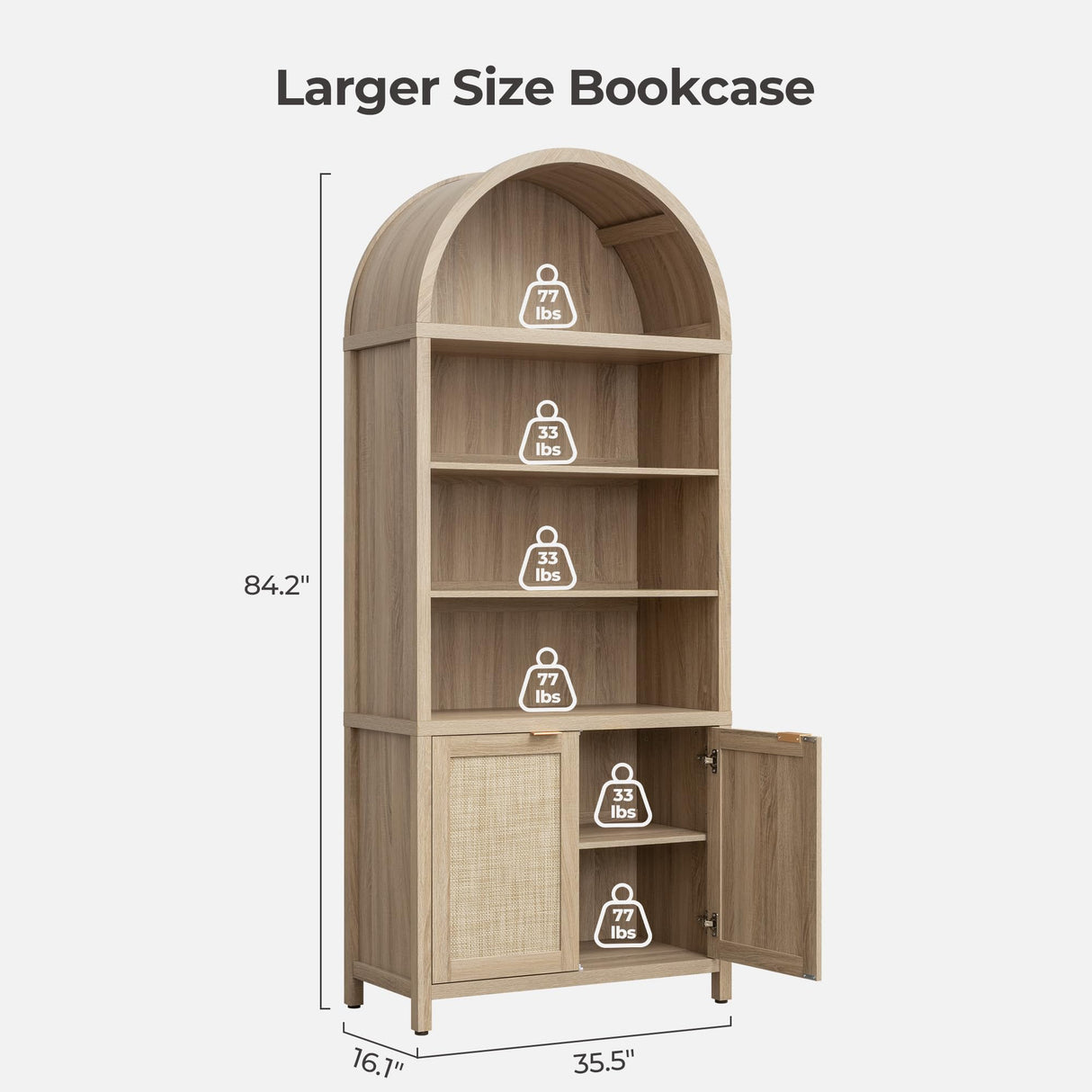 SICOTAS Book Shelf Arched Cabinet Bookshelf Arch 84.2" Tall Bookcase 5 Tier Large Bookshelves with Doors Storage Rattan Boho Wide Book Shelves Case for Living Room Kitchen Office Bedroom Library SICOTAS