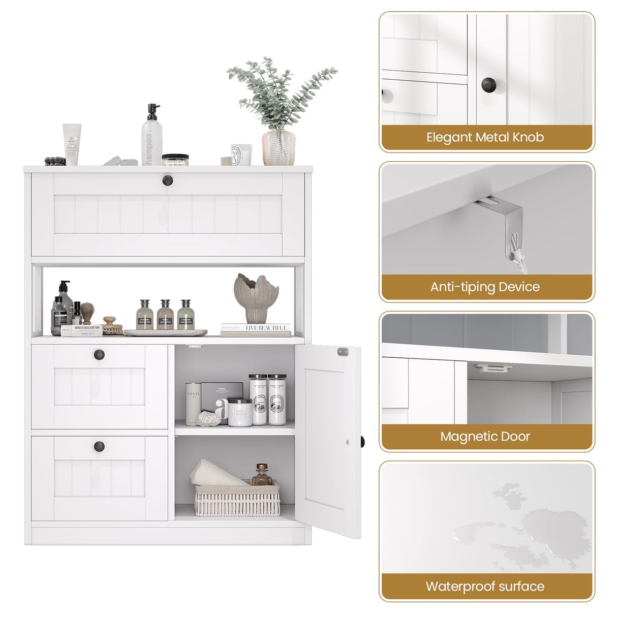 GRUSIGN Bathroom Cabinet, Modern Bathroom Floor Storage Cabinet Organizer with 1 Door and 3 Drawers, Freestanding Cupboard for Kitchen/Living Room Use GRUSIGN