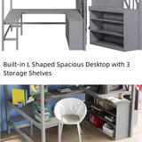 Merax Wood Full Size Loft Bed Frame with Built-in L Shaped Desk & 3 Storage Shelves & Attached Storage Stairs for Kids, Full-Length Guardrail, No Box Spring Needed, Grey Merax