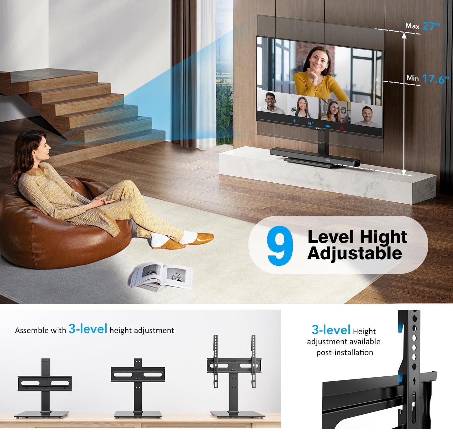 Universal TV Stand - Table Top TV Stand for 27-60 inch LCD LED TVs - 9 Level Height Adjustable TV Base Stand with Tempered Glass Base & Wire Management, VESA 400x400mm