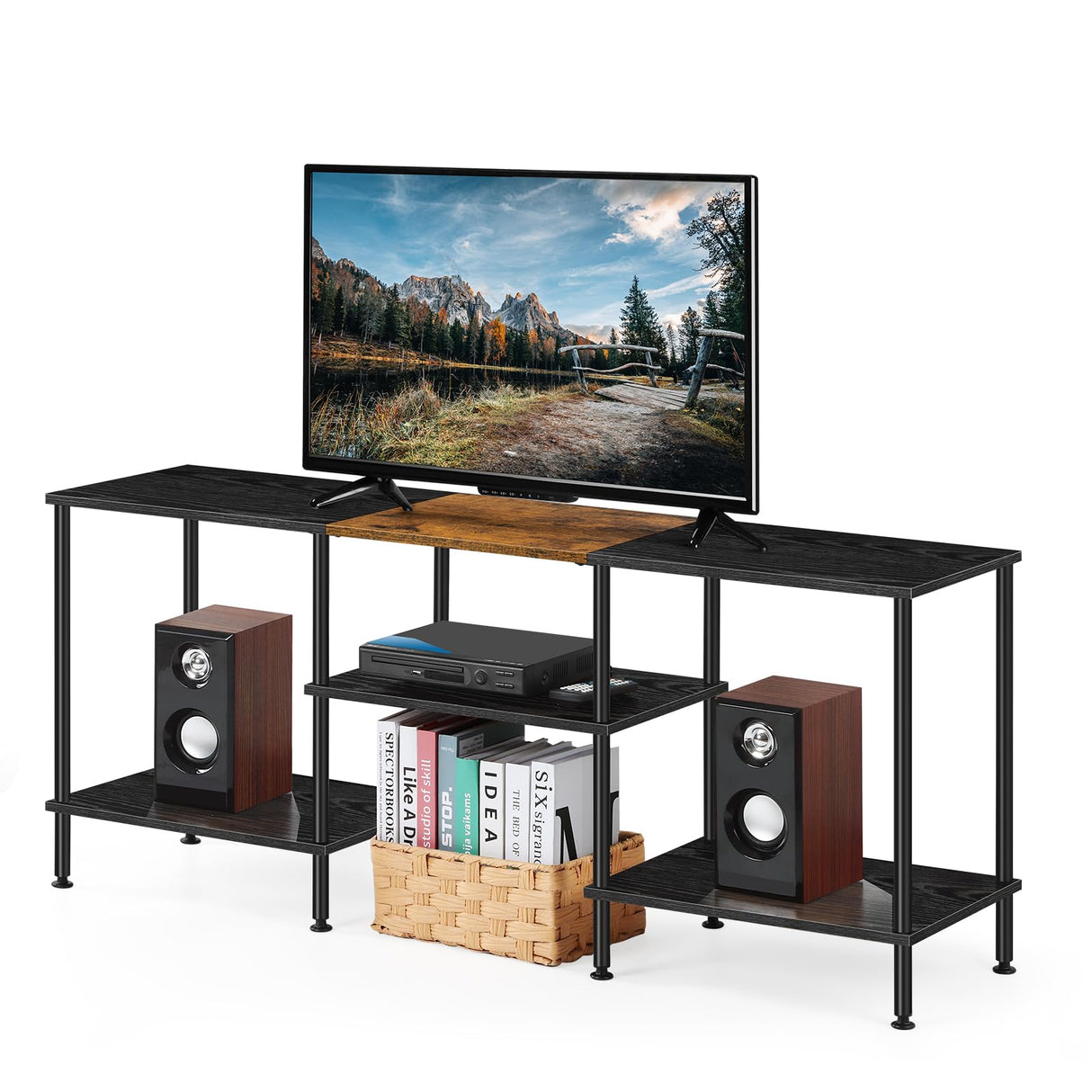 50 inch TV Stand 3 Tier Entertainment Center with Storage Shelves Small Tall Television Console Table with Metal Frame, Industrial TV Cabinet for Living Room Bedroom, Black BTY