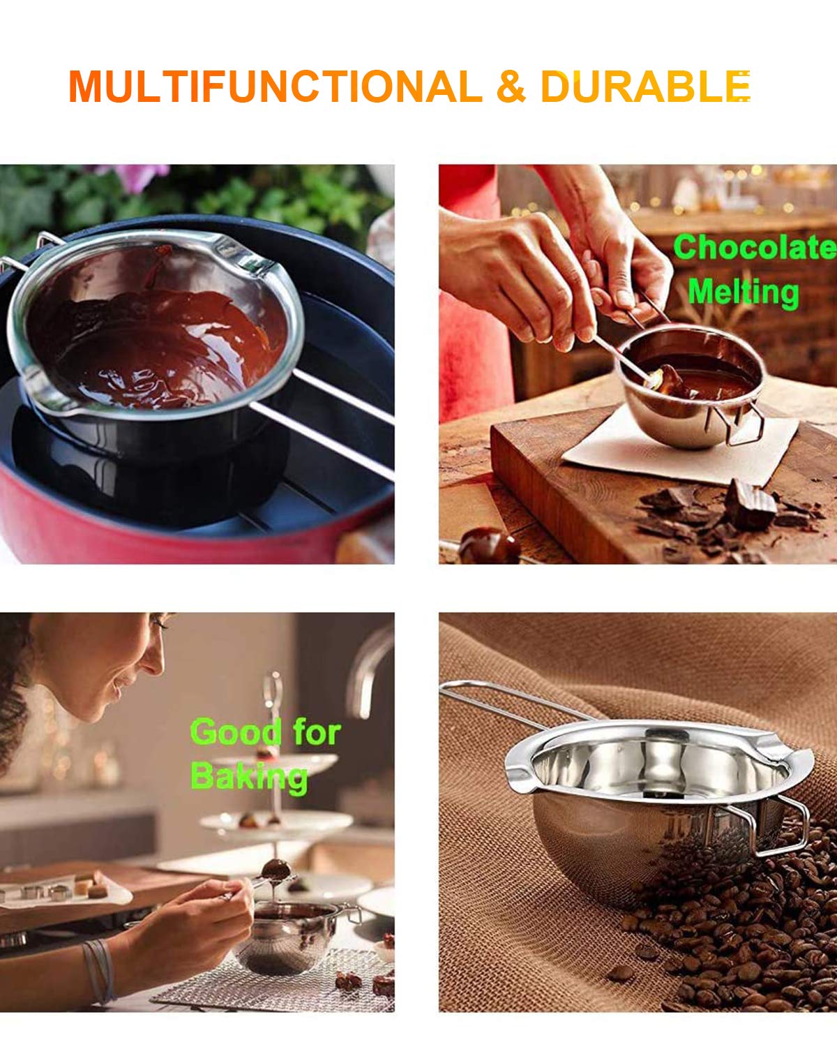Stainless Steel Double Boiler Pot for Melting Chocolate, Candy and Candle Making (18/8 Steel, 2 Cup Capacity, 480ML) SONGZIMING