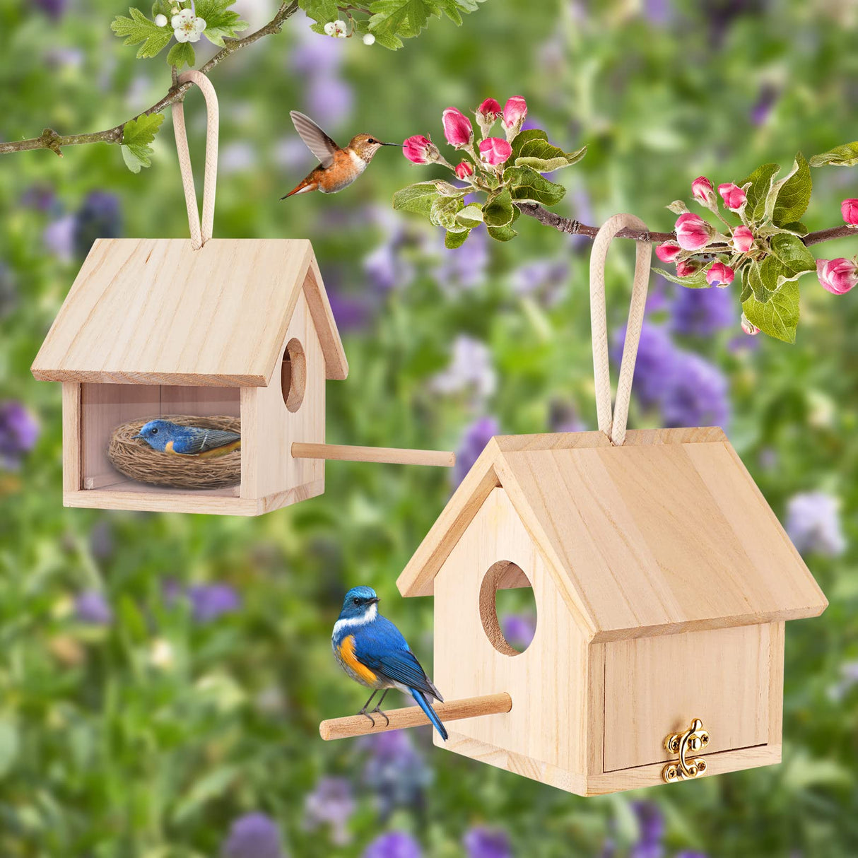 GINDOOR 2Pcs Bird Houses for Outside Clearance with Pole, Wood Birdhouse Blue Bird House Birdhouses for Outdoors Hanging Garden Patio Decorative for Swallow Sparrow Hummingbird Finch Throstle GINDOOR