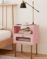 Leomonio Nightstand,Modern Beside Table with Storage Drawer and Open Wood Shelf,Small End Side Table with Glass Decorative Door and Gold Frame,for Living Room,Bedroom (Pink) Leomonio