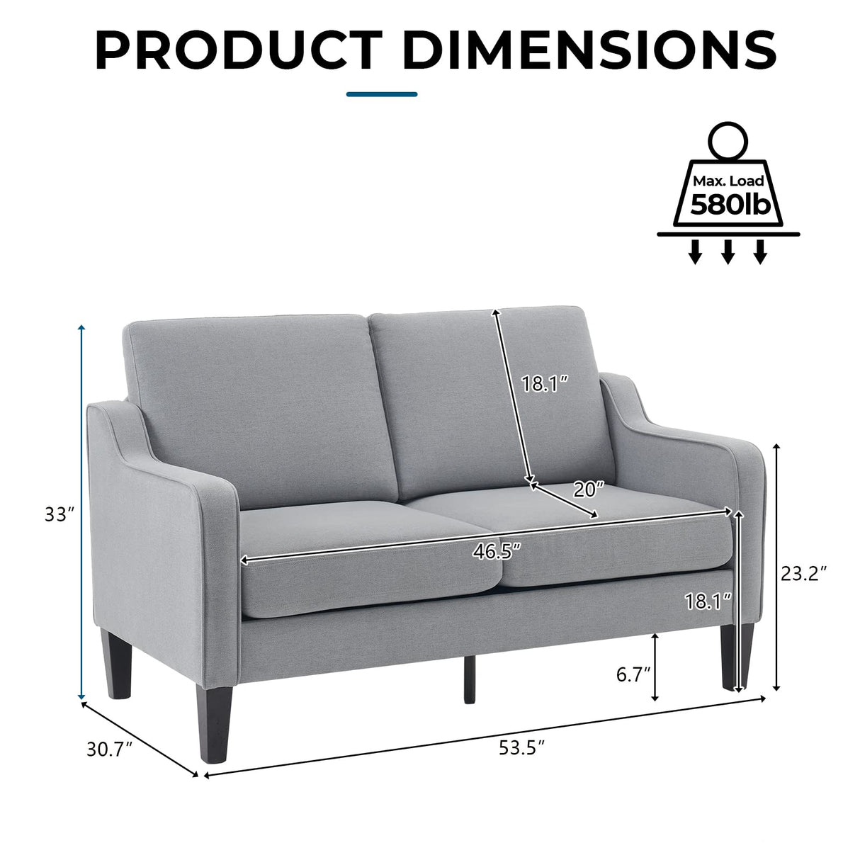 VINGLI Loveseat 53" Small Couch Loveseat Sofas for Living Room Mid Century Modern Sofa Couch Light Grey Love Seat Couches with Scooped Arms for Small Spaces, Bedroom, Apartment, Studio VINGLI
