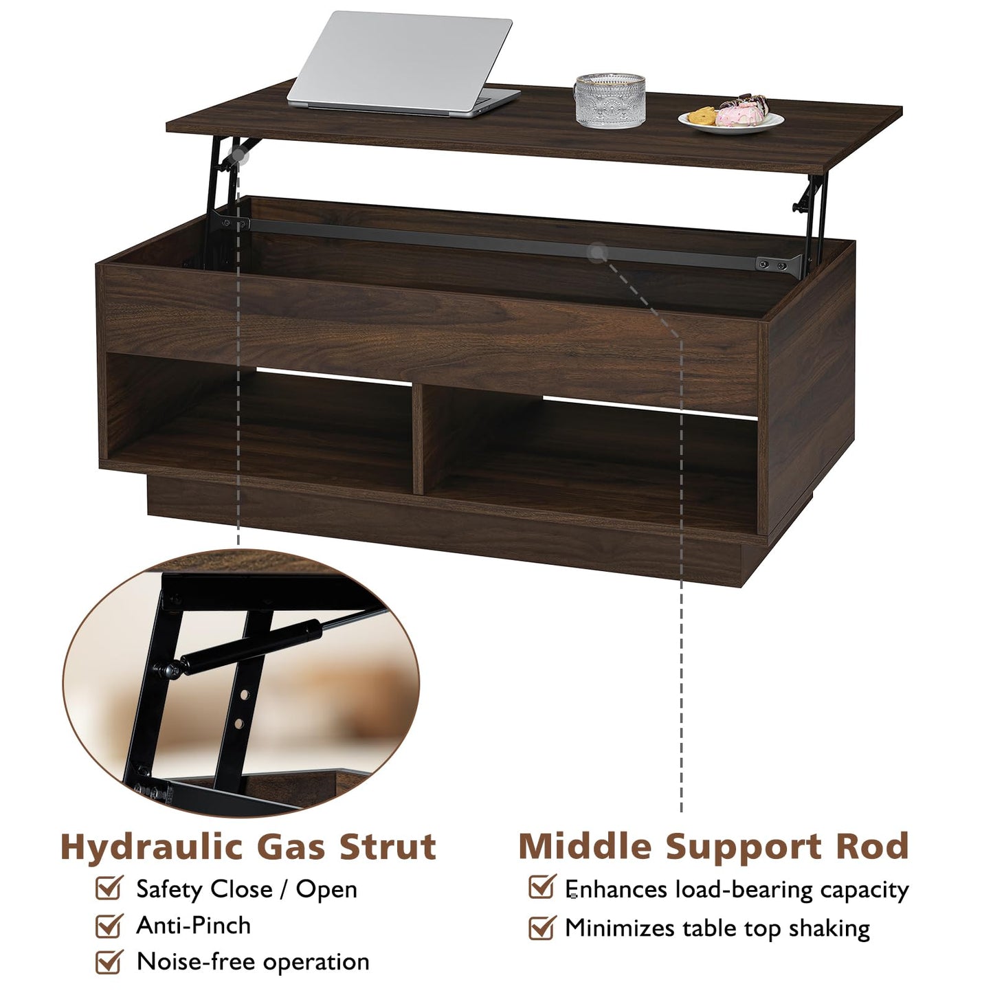 HOMMPA Lift Top Coffee Table with Hidden Storage LED Coffee Table Dark Walnut Living Room 3 Tiers Tea Table with Storage Center Tables Hidden Compartment & 2 Open Shelves - WoodArtSupply