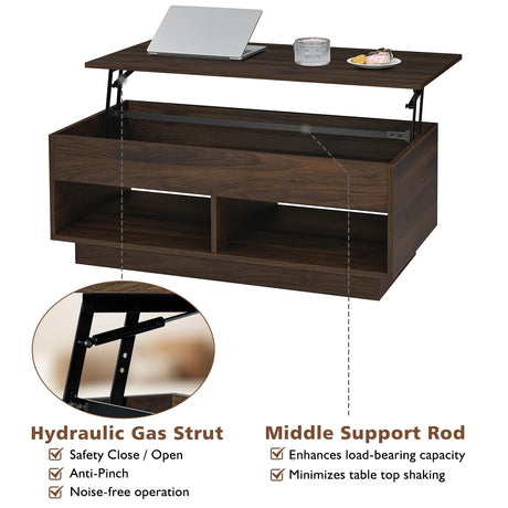 HOMMPA Lift Top Coffee Table with Hidden Storage LED Coffee Table Dark Walnut Living Room 3 Tiers Tea Table with Storage Center Tables Hidden Compartment & 2 Open Shelves HOMMPA