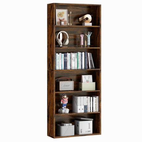 Vongrasig 6-Tier Open Bookcase and Bookshelf, Floor Standing Wood Display Storage Shelves 71 Inch Tall Bookcase Home Decor Furniture for Home Office, Living Room, Bed Room, Rustic Brown Vongrasig