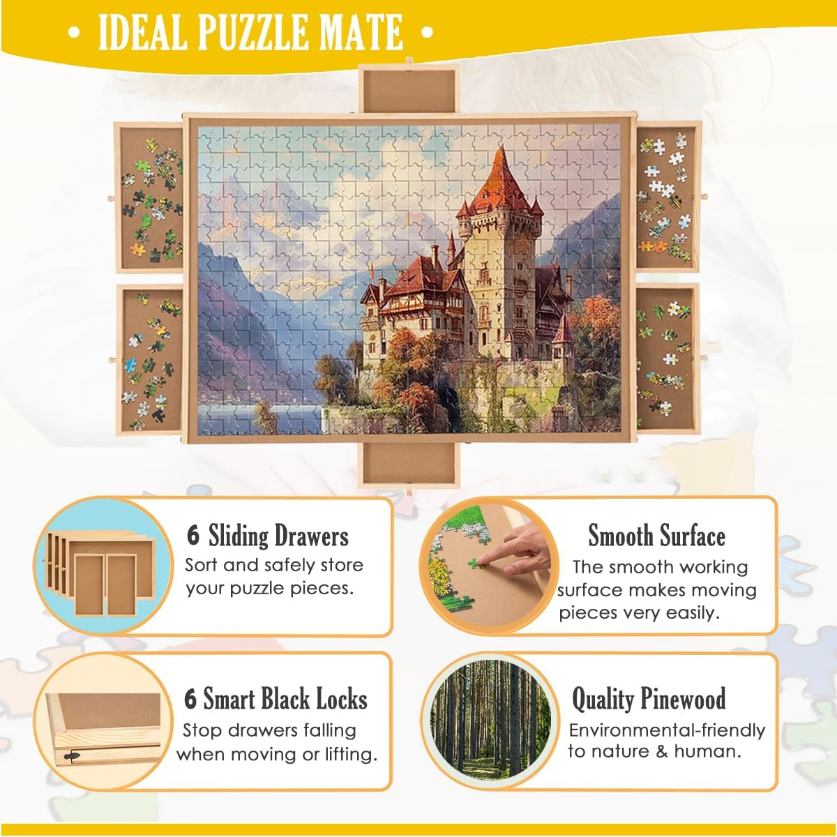 Puzzle Board, 1500 Pieces Rotating Puzzle Board with 6 Drawers and Cover, Wooden Lazy Susan Puzzle Table for Adults (27'' × 35'') Qiqidog