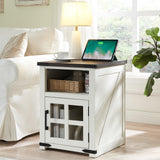 Barnyatoh Farmhouse Nightstand with Charging Station, Rustic End Table with Tempered Glass Barn Door, Wood Sofa Side Bedside Table with Open Storage Shelf for Living Room, Bedroom, White Barnyatoh