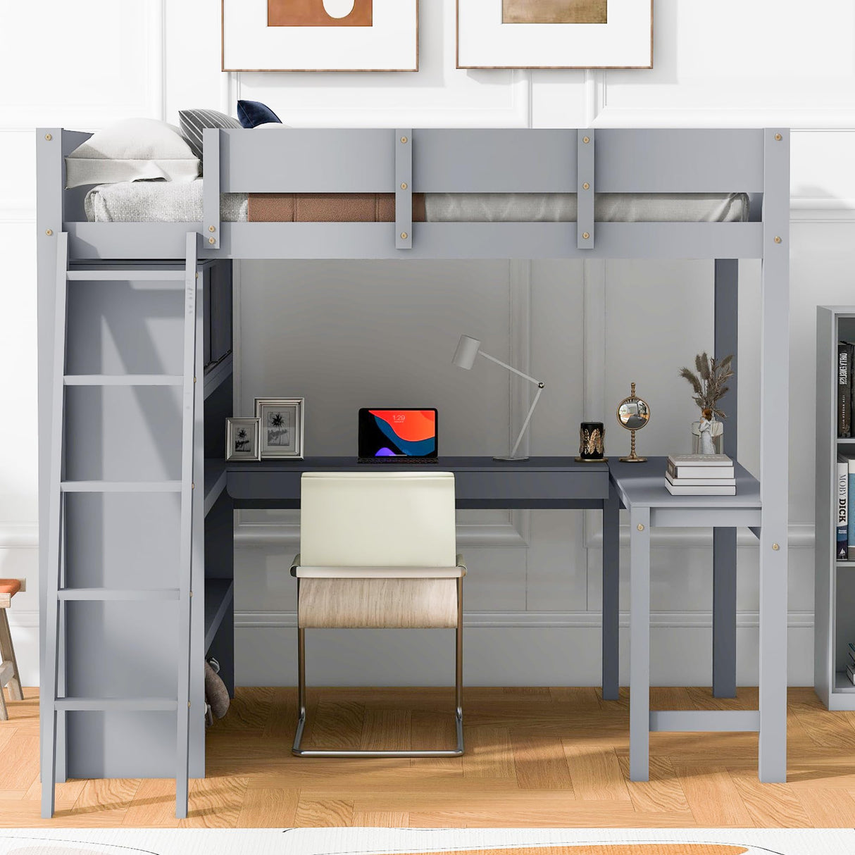 Ibraccieni Full Size Loft Bed with Desk and Shelves, Wood Loft Bed Frame with Ladders and Full-Length Guardrail for Adult, Space-Saving Design, No Box Spring Needed, Gray Ibraccieni
