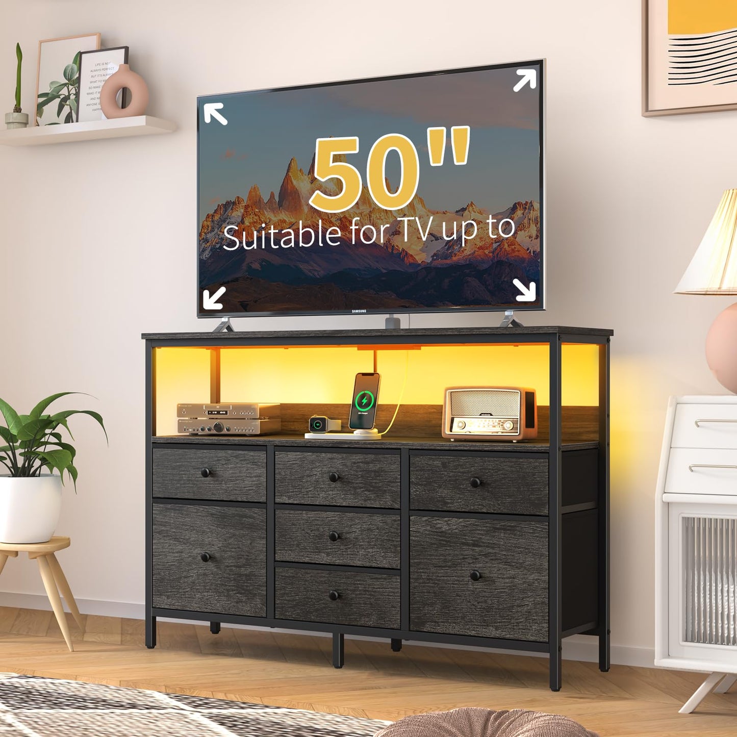 Yoobure TV Stand Dresser for Bedroom, 7 Fabric Drawers Entertainment Center, LED Dressers with Power Outlets, TV Stands for Living Room with Storage Shelf, TV Console Entertainment Stand up to 50" TV