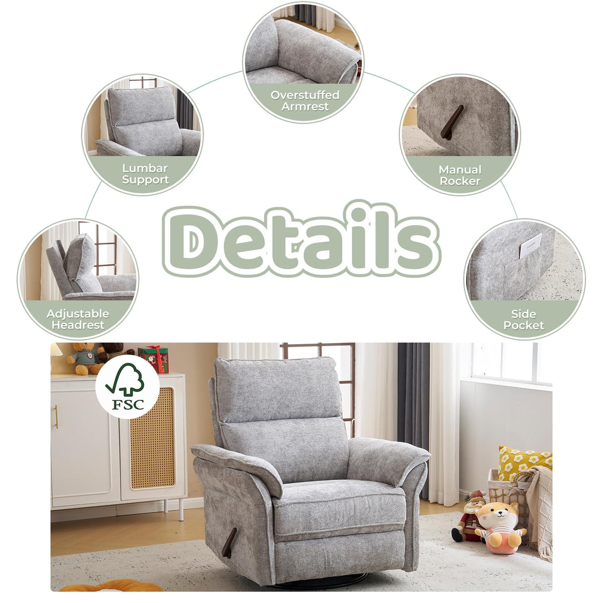 Oversized Rocking Chair Nursery with Adjustable Headrest, 26" Extra Wide Glider Recliner Nursery Chair for Nursery, 360° Swivel Rocker Recliner with Overstuffed Armrest， Light Grey RUTOX