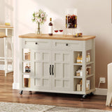 DWVO Kitchen Island with Storage Cabinet, Farmhouse Rolling Island Table on Wheels, Americana Mobile Storage Islands with Open Shelves, Drawers for Living Room, Dining Room, Off White DWVO