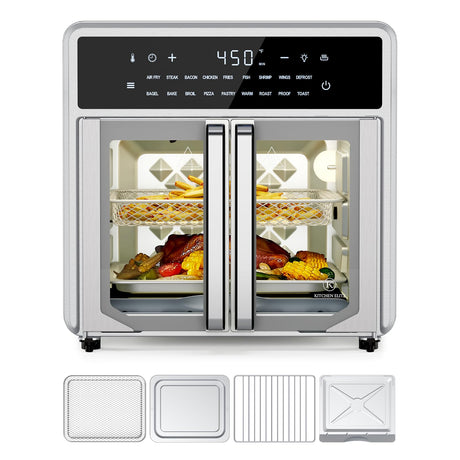 Kitchen Elite Air Fryer French Door Oven,15.8 Qt Toaster Oven Countertop Combo,18 Presets & 1 Preheat & Light, Airfryer Basket,Wire Rack,Baking Pan,Crumb Tray,Compact Design,Stainless Steel,Small Kitchen Elite