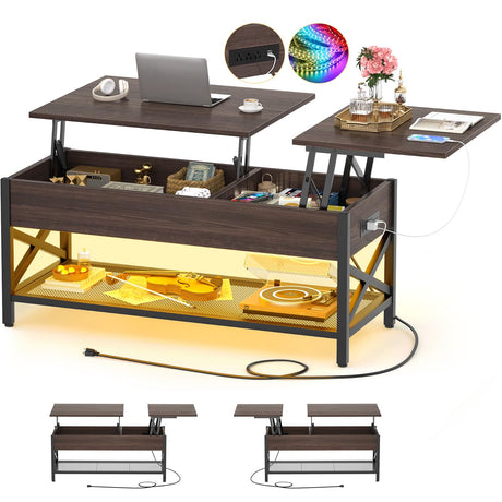 Aheaplus Coffee Table, Lift Top Coffee Table with LED light and Power Outlet, Modern Lift-Top Table with Storage Shelf, Center Table for Living Room with Lift Tabletop, X Support Metal Frame, Espresso Aheaplus