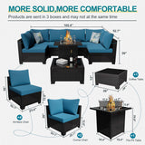 Ophelian 8 Piece Patio Furniture Set with Fire Pit Table, Wicker Outdoor Sectional Sofa Set with Thick Anti-Slip Chusions, Patio Conversation Sets for Backyard, Garden, Deck (Brown/Peacock Blue) Ophelian