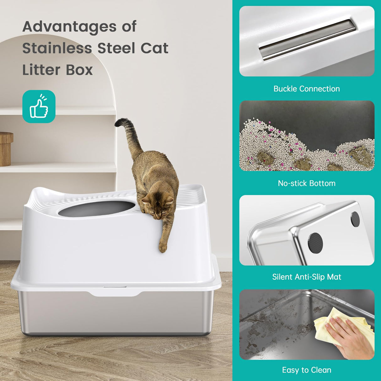 WoofiGo Stainless Steel Cat Litter Box, Large Top Entry Litter Box for Big Cats, Enclosed Kitty Litter Pan with Lid, Metal Cat Box Never Absorbs Odors, Easily Cleaning, Include Scoop WoofiGo