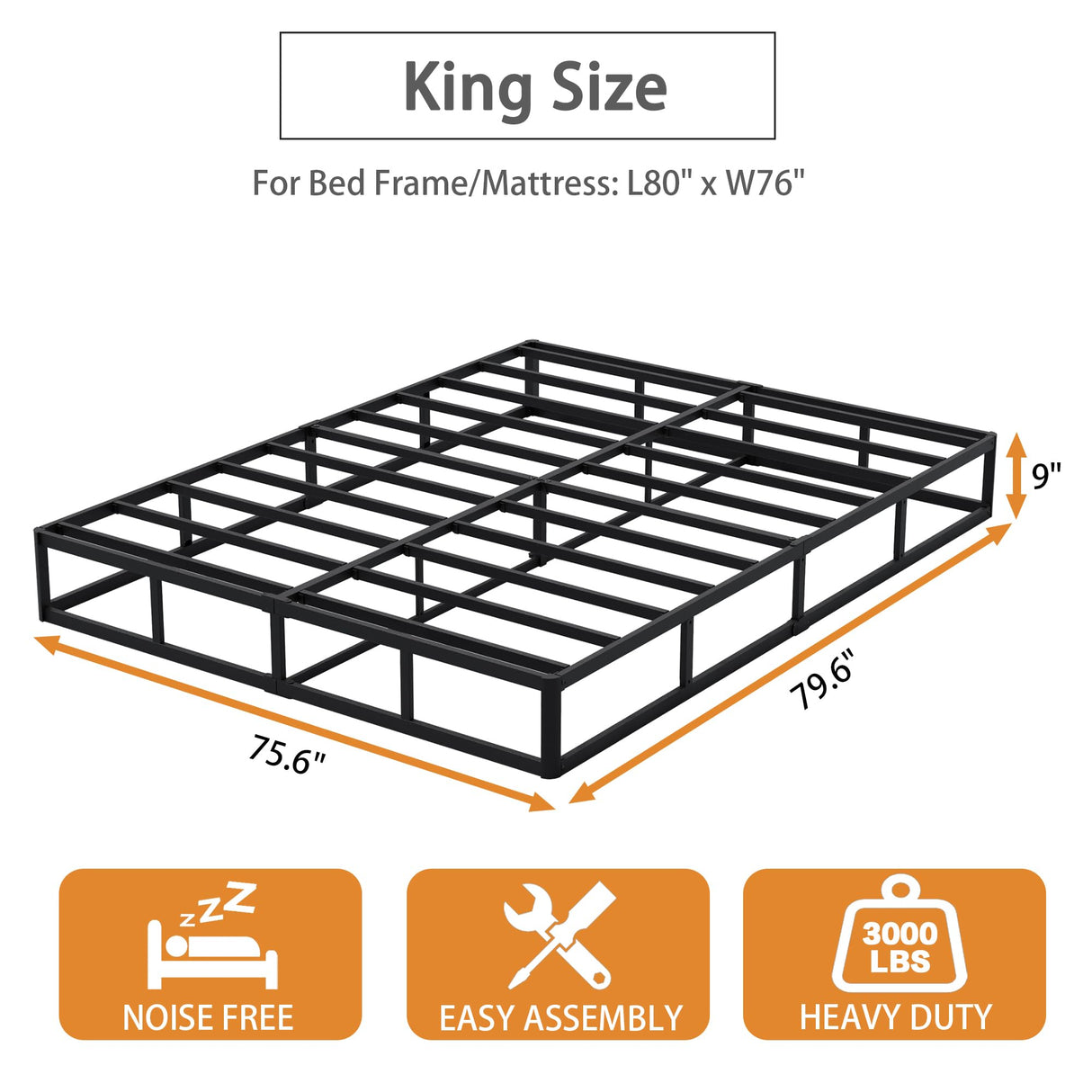 Snaye King Box Spring Bed Base 9 Inch, 3000lbs Heavy Duty Metal Mattress Foundation with Fabric Cover, Tool-Free Easy Assembly, Noise Free Snaye
