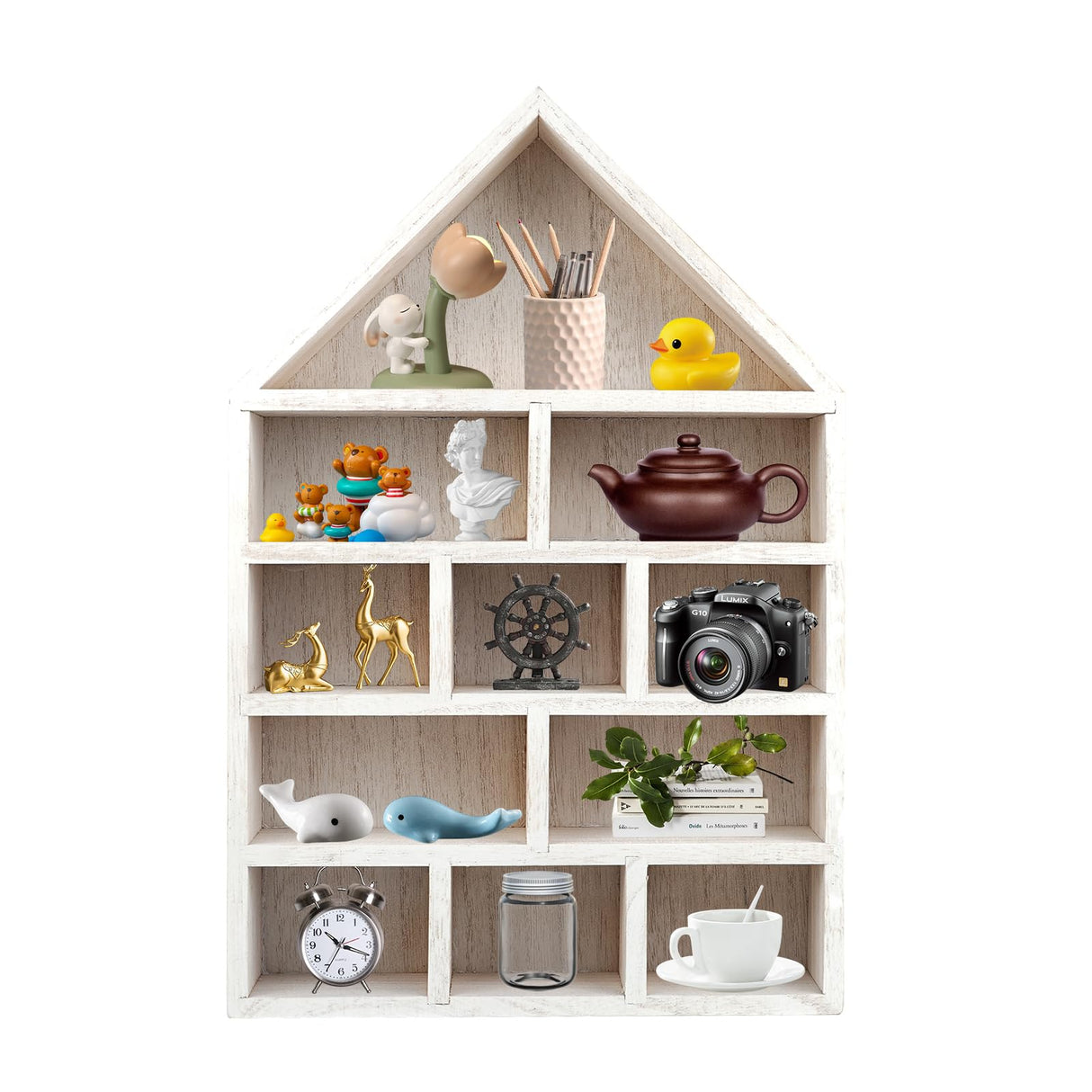 COM4SPORT Wooden Shadow Cubby Box Hanging Figurine Display Shelf White Curio Cabinet Organizer Wall Mounted Display Case Trinket Shelf Miniature Display Shelf for Collectibles (15.7 * 11.8 * 2.75in) COM4SPORT